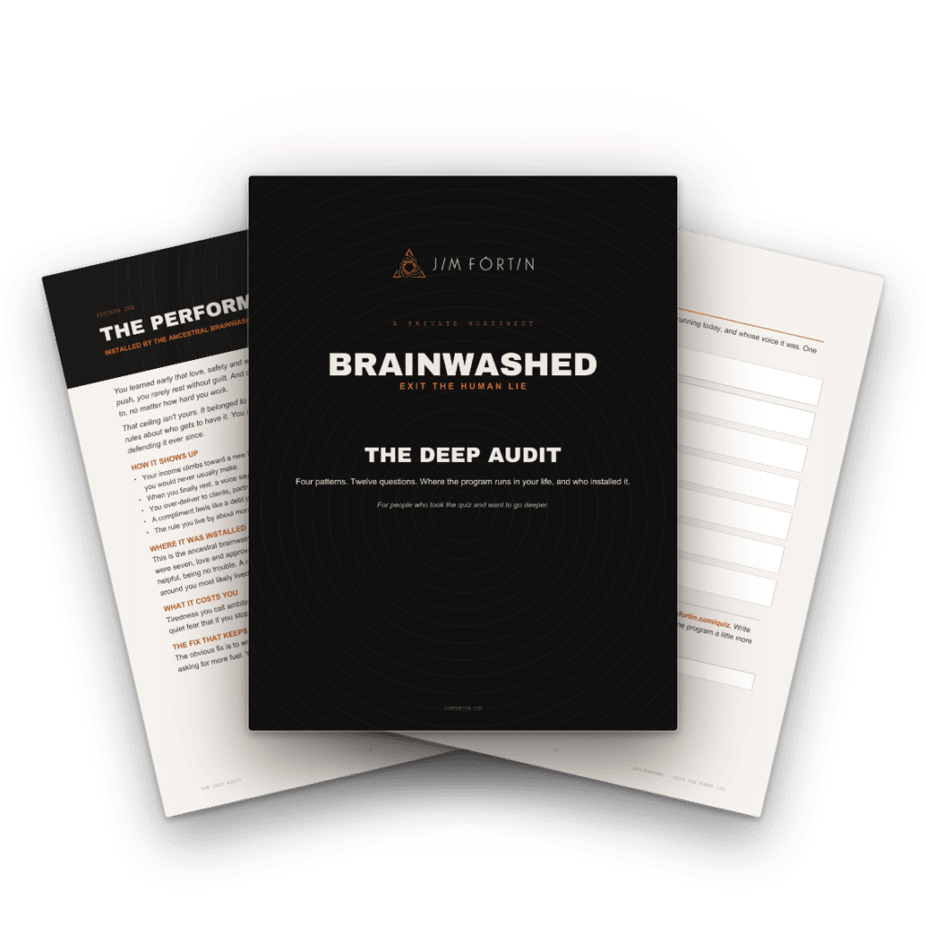 The BRAINWASHED Deep Audit worksheet: dark cover with two inner pages fanned behind it