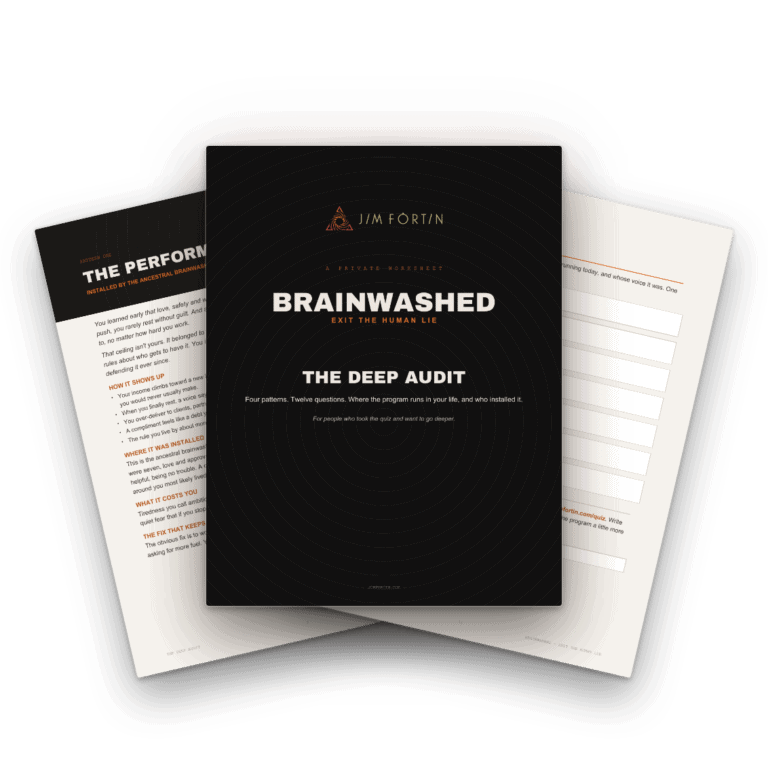 The BRAINWASHED Deep Audit worksheet: dark cover with two inner pages fanned behind it